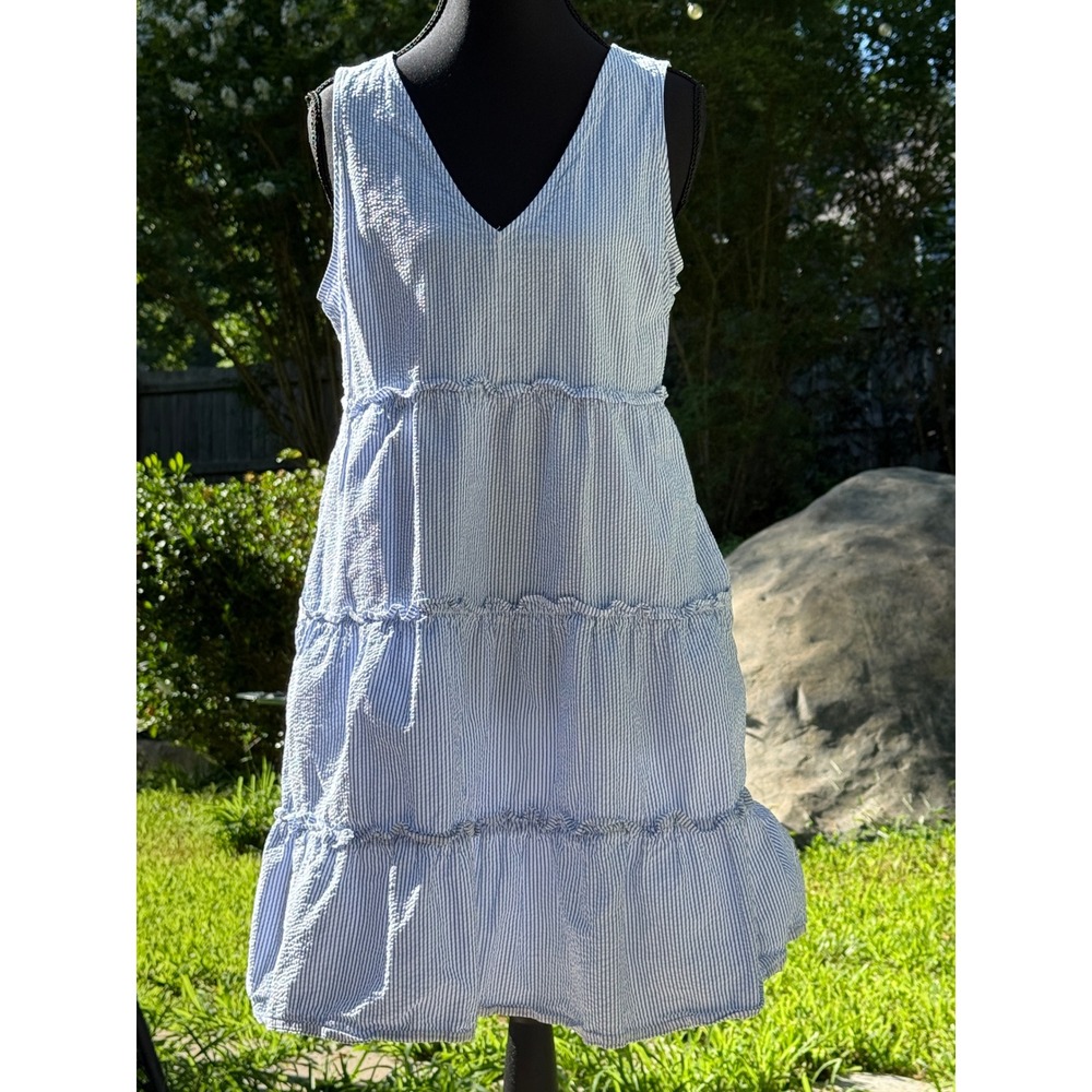 J.Crew Womens Blue White Striped Seersucker Tiered V-Neck Mini Dress Pockets 8